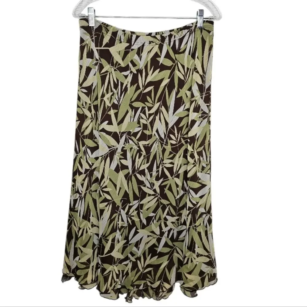 Briggs New York Green Leaf Pattern Sheer Overlay with Ruffled Hem Skirt Size 12